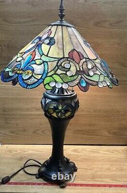 Tiffany Style Table Lamp Brown Red Green Blue Stained Glass 29 X 18