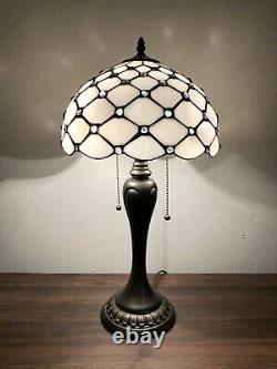 Tiffany Style Table Lamp Crystal Beans White Stained Glass Antique Vintage H22