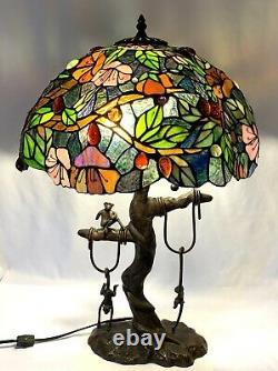 Tiffany Style Table Lamp Double Lit Stained Glass Lamp Tree Jungle Monkeys 27