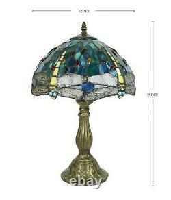 Tiffany Style Table Lamp Dragonfly Blue Green Stained Glass Antique Vintage H18