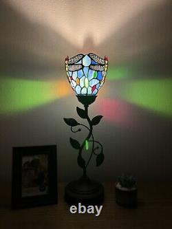 Tiffany Style Table Lamp Dragonfly Blue Stained Glass 2 USB Ports LED Bulb H20