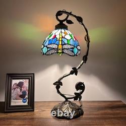 Tiffany Style Table Lamp Dragonfly Blue Stained Glass LED Bulb 21H11W8D