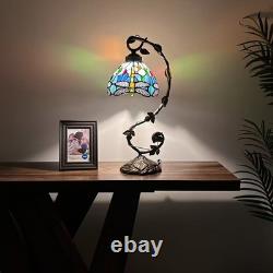 Tiffany Style Table Lamp Dragonfly Blue Stained Glass LED Bulb 21H11W8D