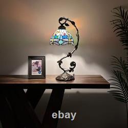 Tiffany Style Table Lamp Dragonfly Blue Stained Glass LED Bulb 21H11W8D