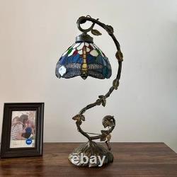 Tiffany Style Table Lamp Dragonfly Blue Stained Glass LED Bulb 21H11W8D