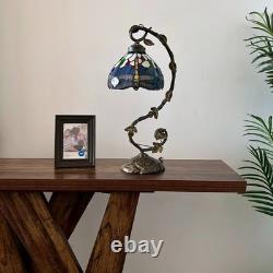 Tiffany Style Table Lamp Dragonfly Blue Stained Glass LED Bulb 21H11W8D