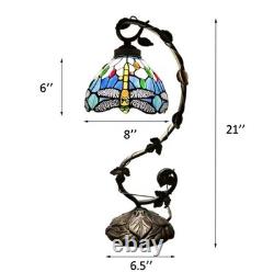 Tiffany Style Table Lamp Dragonfly Blue Stained Glass LED Bulb 21H11W8D