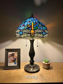 Tiffany Style Table Lamp Dragonfly Blue Stained Glass LED Bulbs Include H22W12