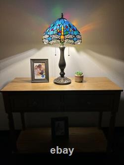 Tiffany Style Table Lamp Dragonfly Blue Stained Glass LED Bulbs Include H22W12