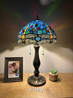 Tiffany Style Table Lamp Dragonfly Blue Stained Glass LED Bulbs Include H22W12