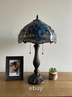 Tiffany Style Table Lamp Dragonfly Blue Stained Glass LED Bulbs Include H22W12