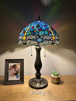 Tiffany Style Table Lamp Dragonfly Blue Stained Glass LED Bulbs Include H22W12