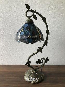 Tiffany Style Table Lamp Dragonfly Green Blue Stained Glass Antique Vintage 21H
