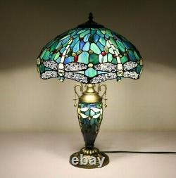 Tiffany Style Table Lamp Dragonfly Green Blue Stained Glass Antique Vintage H24