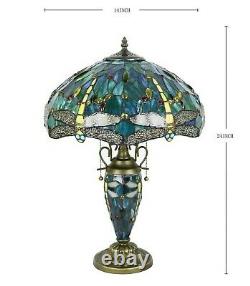 Tiffany Style Table Lamp Dragonfly Green Blue Stained Glass Antique Vintage H24