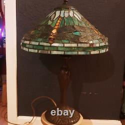 Tiffany Style Table Lamp Dragonfly Green Blue Stained Glass Vintage H 22 W 16