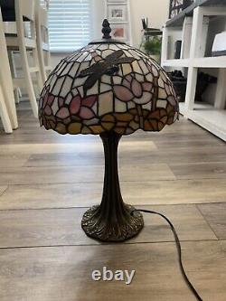 Tiffany Style Table Lamp Dragonfly Pink White Orange Stained Glass Vintage 18