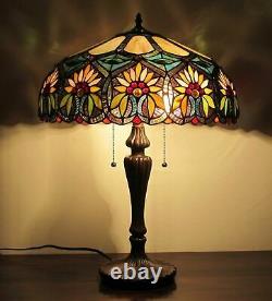 Tiffany Style Table Lamp Floral Design 2-light Beige Amber Green Stained Glass