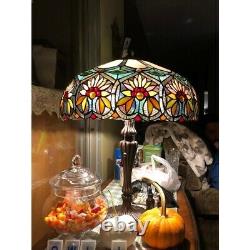 Tiffany Style Table Lamp Floral Design 2-light Beige Amber Green Stained Glass