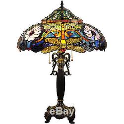 Tiffany Style Table Lamp Gold Stained Glass Jewel Dragonfly Flower Shade 27 H