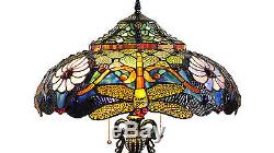 Tiffany Style Table Lamp Gold Stained Glass Jewel Dragonfly Flower Shade 27 H