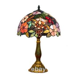 Tiffany Style Table Lamp Grape Rose Stained Glass Vintage Bedside Light 19'' H