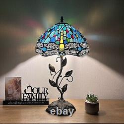 Tiffany Style Table Lamp Green Blue Stained Glass Dragonfly LED Bulb H22W12