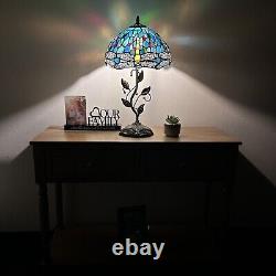 Tiffany Style Table Lamp Green Blue Stained Glass Dragonfly LED Bulb H22W12