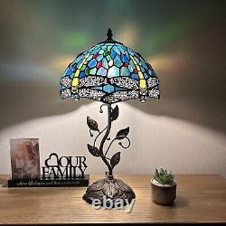 Tiffany Style Table Lamp Green Blue Stained Glass Dragonfly LED Bulb H22W12