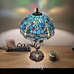 Tiffany Style Table Lamp Green Blue Stained Glass Dragonfly LED Bulb H22W12