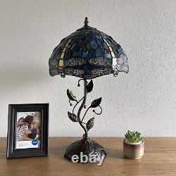 Tiffany Style Table Lamp Green Blue Stained Glass Dragonfly LED Bulb H22W12