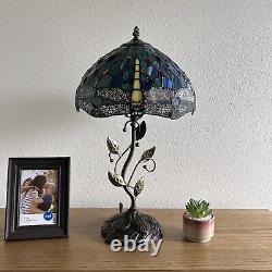 Tiffany Style Table Lamp Green Blue Stained Glass Dragonfly LED Bulb H22W12