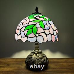 Tiffany Style Table Lamp Green Leaves Purple Stained Glass LED Bulb Include 14H