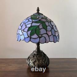 Tiffany Style Table Lamp Green Leaves Purple Stained Glass LED Bulb Include 14H