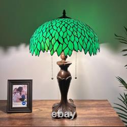 Tiffany Style Table Lamp Green Leaves Stained Glass Included LED Bulbs H24W16