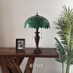 Tiffany Style Table Lamp Green Leaves Stained Glass Included LED Bulbs H24W16
