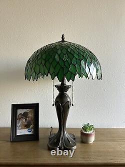 Tiffany Style Table Lamp Green Leaves Stained Glass Included LED Bulbs H24W16