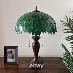 Tiffany Style Table Lamp Green Leaves Stained Glass Included LED Bulbs H24W16