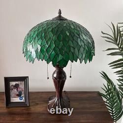 Tiffany Style Table Lamp Green Leaves Stained Glass Included LED Bulbs H24W16