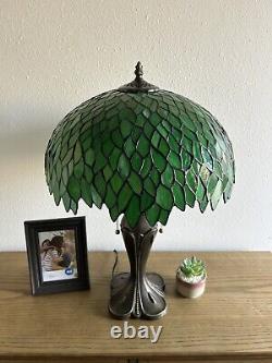 Tiffany Style Table Lamp Green Leaves Stained Glass Included LED Bulbs H24W16