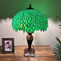 Tiffany Style Table Lamp Green Leaves Stained Glass Included LED Bulbs H24W16