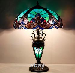 Tiffany Style Table Lamp Green Mother Daughter Stained Glass Vintage Vase Light