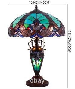 Tiffany Style Table Lamp Green Mother Daughter Stained Glass Vintage Vase Light
