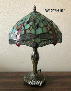 Tiffany Style Table Lamp Green Stained Glass Dragonfly Antique Vintage W12H19