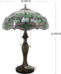 Tiffany Style Table Lamp Green Stained Glass Dragonfly Bedside Lamp 16X16X24 Inc