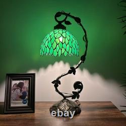 Tiffany Style Table Lamp Green Stained Glass Leaves LED Bulb 21H11W8D