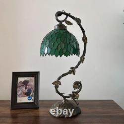 Tiffany Style Table Lamp Green Stained Glass Leaves LED Bulb 21H11W8D