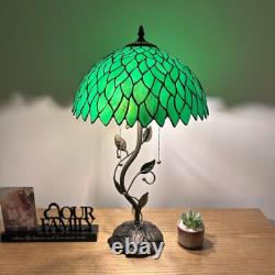 Tiffany Style Table Lamp Green Stained Glass Leaves LED Bulbs Include 24H14W