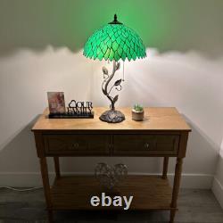 Tiffany Style Table Lamp Green Stained Glass Leaves LED Bulbs Include 24H14W