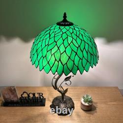 Tiffany Style Table Lamp Green Stained Glass Leaves LED Bulbs Include 24H14W